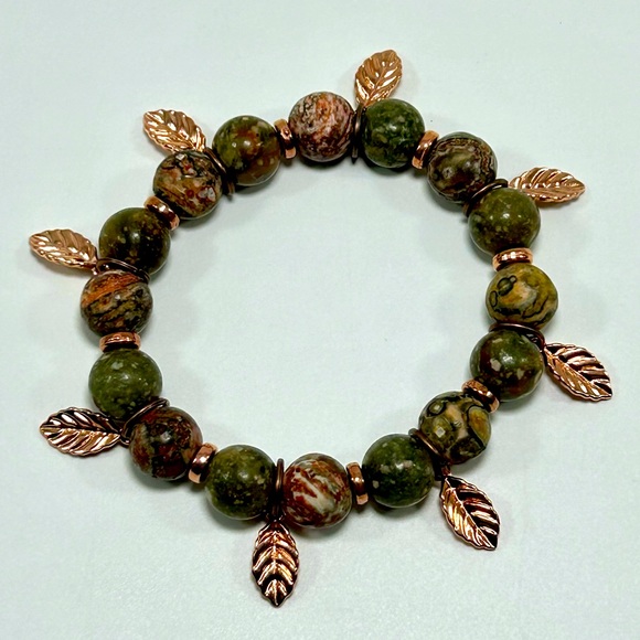 Handmade Fall Leaf Charm Bracelet Featuring Natural Unakite Gemstones! - Picture 5 of 5